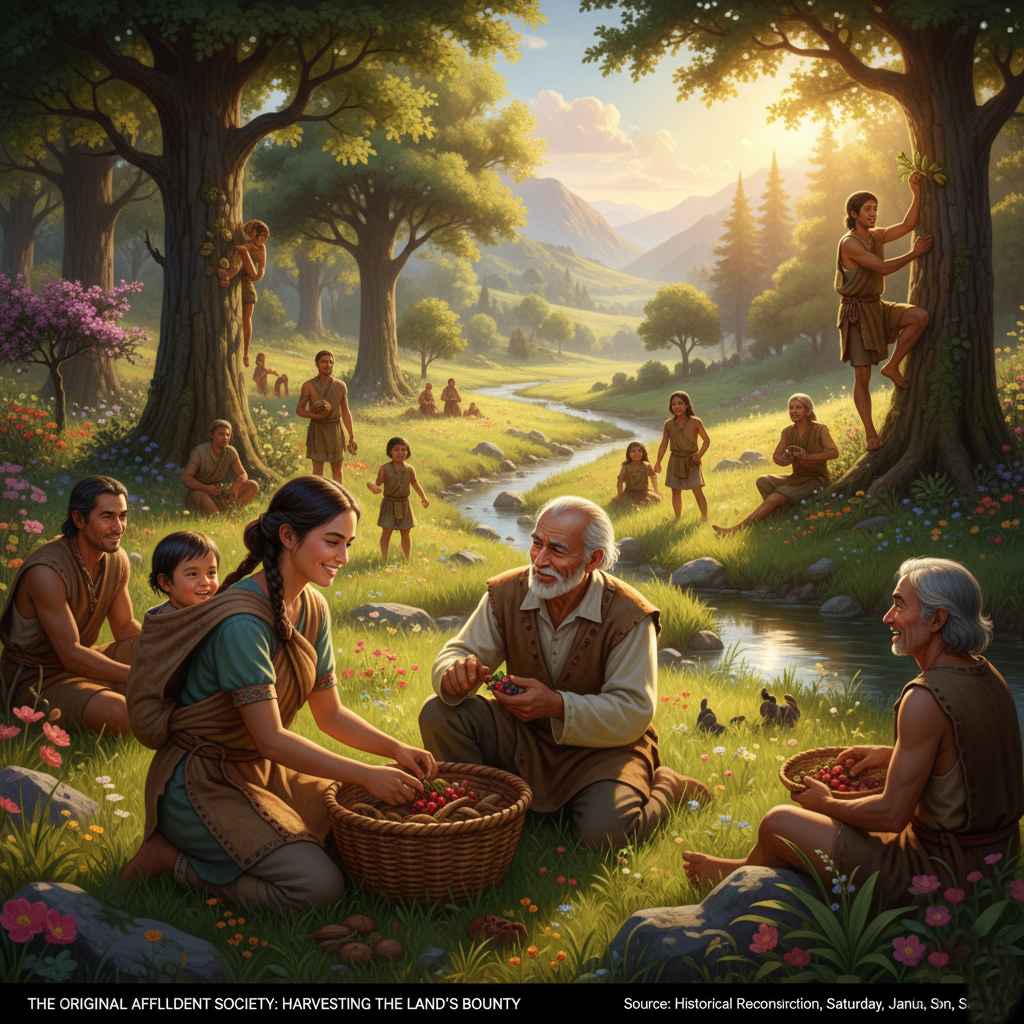 Prehistoric hunter-gatherers foraging for plants and nuts in a diverse ecosystem.