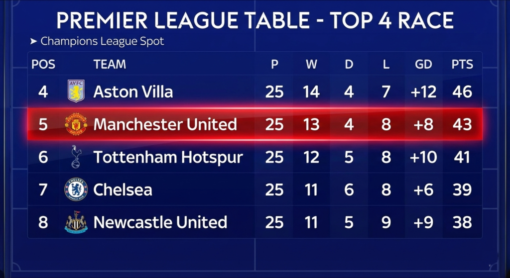 Premier League table showing Manchester United's position in the top-four race at the time of Amorim's sacking.