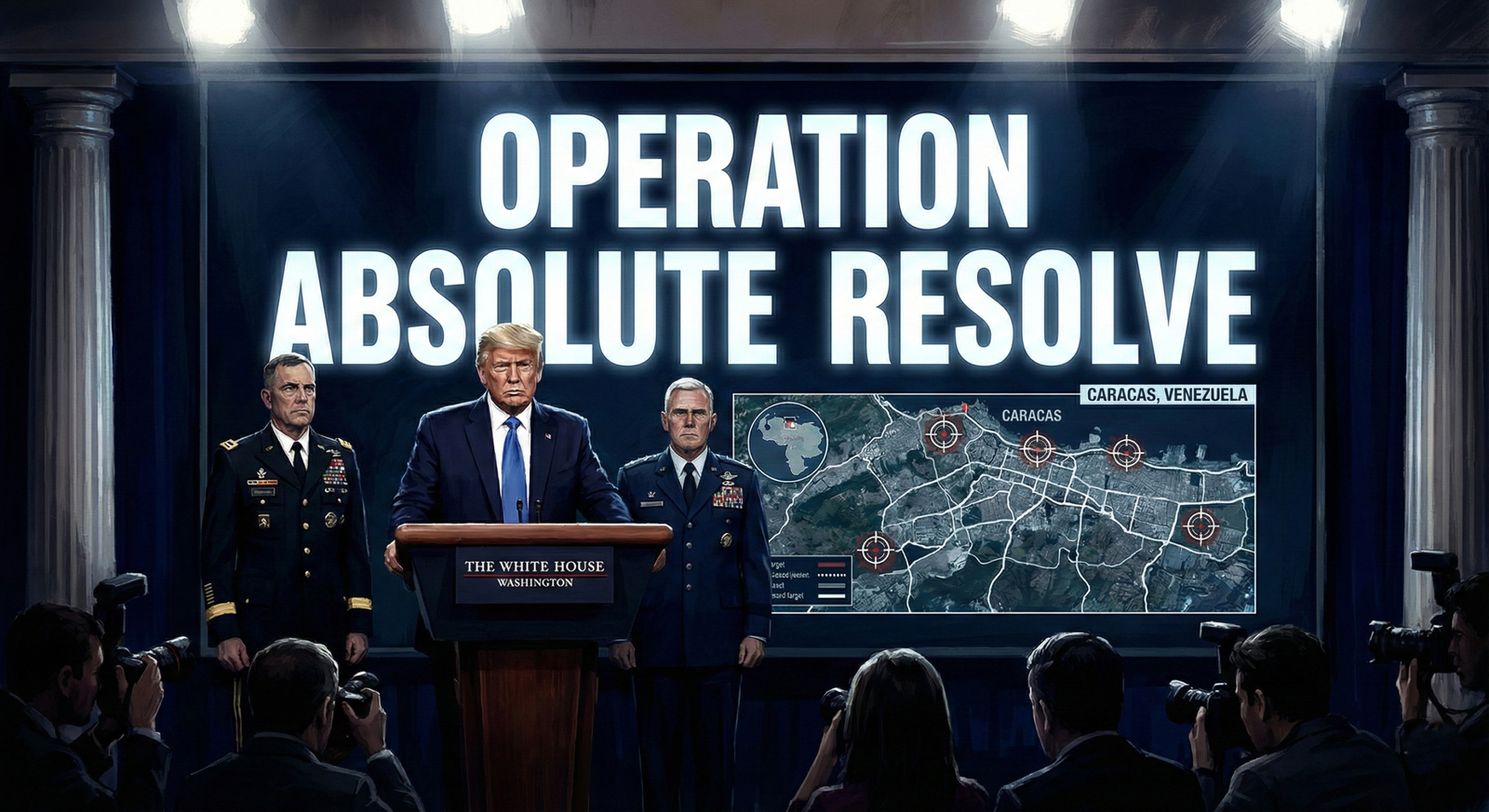 President Trump announcing the capture of Nicolás Maduro during a press conference.