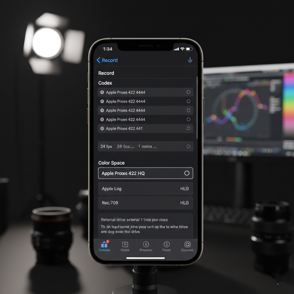 Professional recording settings including ProRes and Apple Log in the Blackmagic app.