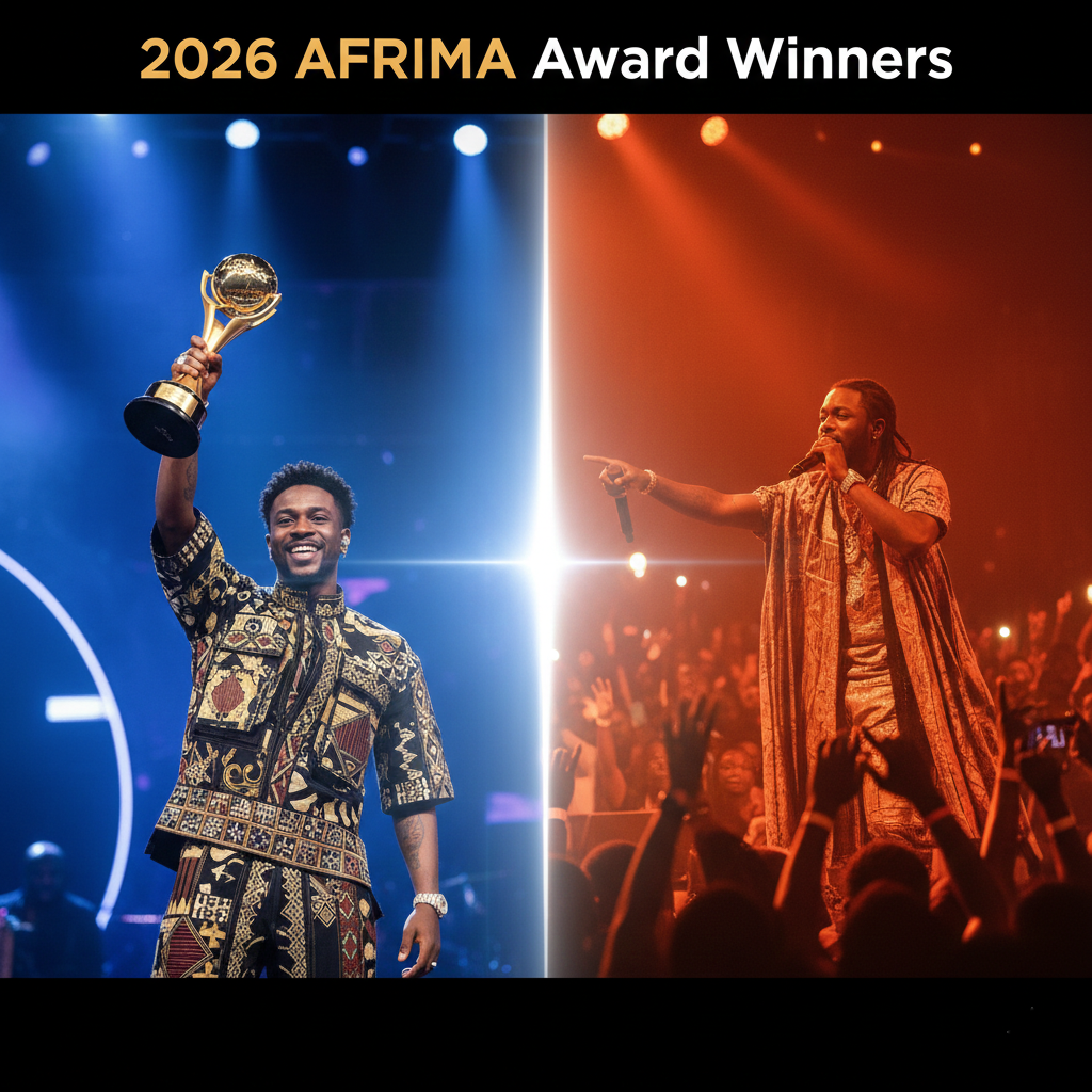 Rema with his Artiste of the Year trophy and Burna Boy performing at the 2026 AFRIMA Awards.
