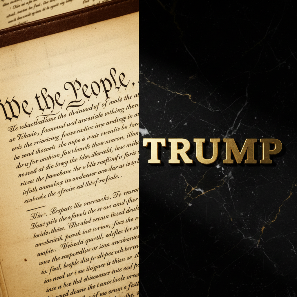 Representing the clash between legal accountability and the Trump corporate identity.