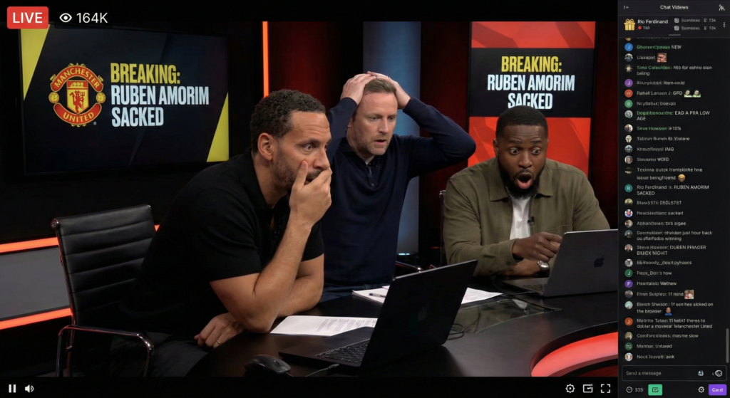 Rio Ferdinand and the panel reacting live to the news of Ruben Amorim's sacking.