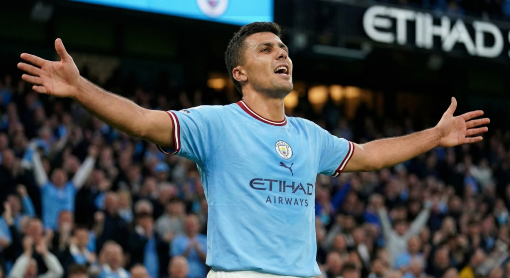 Rodri celebrating his first goal for Man City since returning from injury.
