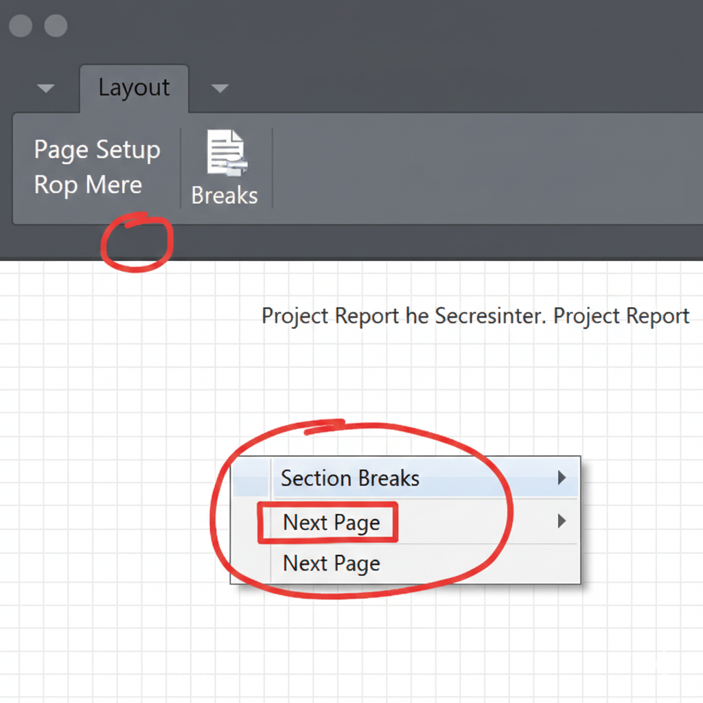 Screenshot showing how to insert a Next Page Section Break in Microsoft Word.