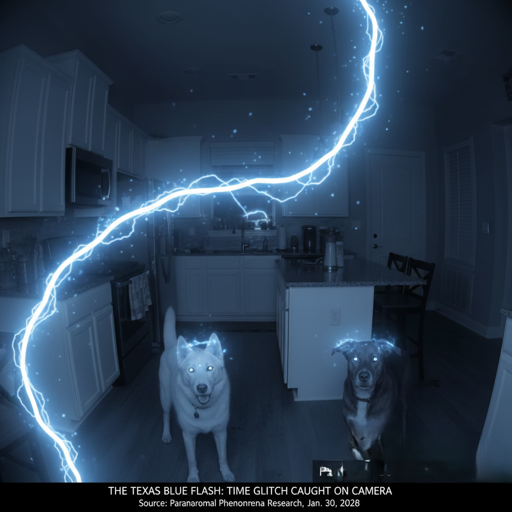 Security camera footage of a mysterious blue light flash in a Texas kitchen.
