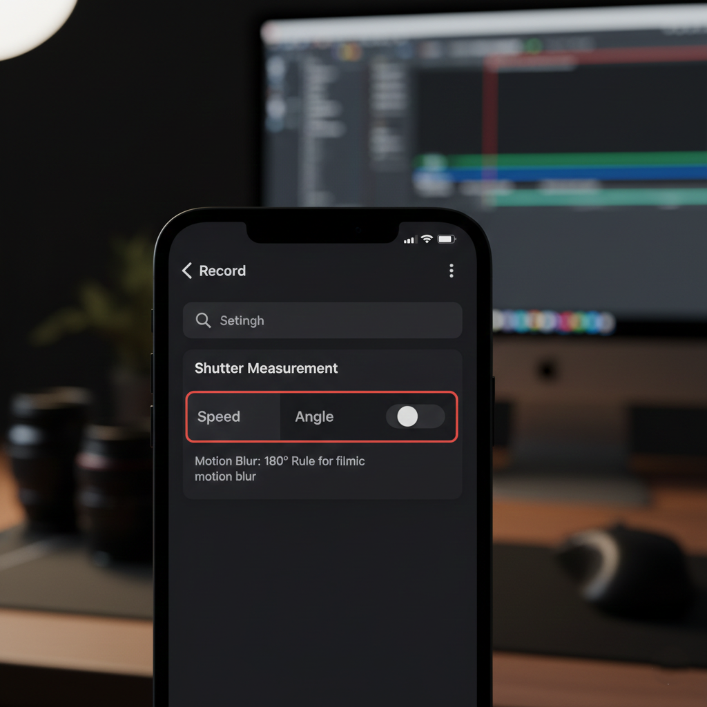 Settings menu in Blackmagic Camera app showing shutter speed vs shutter angle options.