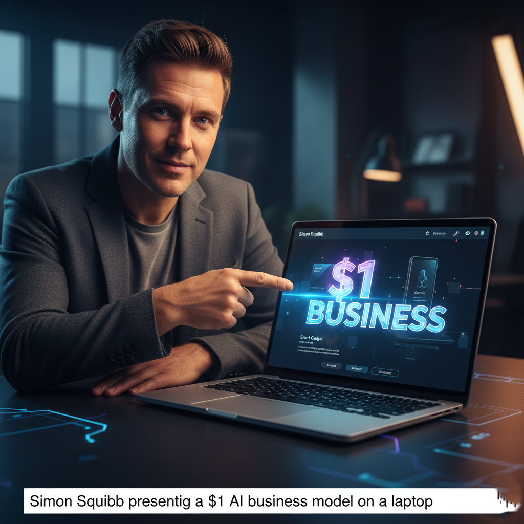 Simon Squibb presenting a $1 AI business model on a laptop.