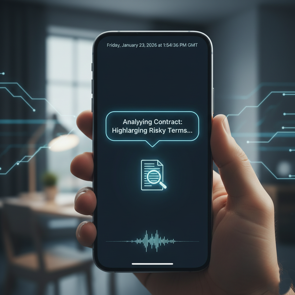 Smartphone screen showing ChatGPT's ability to analyze legal contracts for risk.