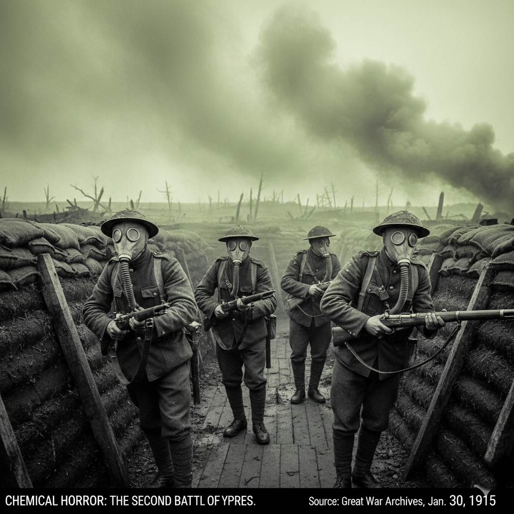 Soldiers in a trench wearing protective gas masks during a chemical attack.