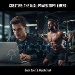 Split-screen image representing the dual benefits of creatine for mental focus and physical strength.