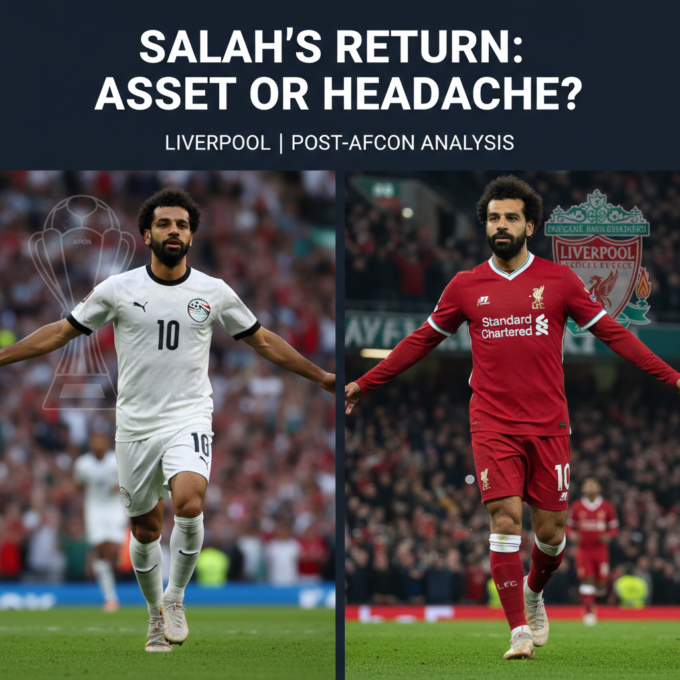 Split-screen of Mohamed Salah in Egypt and Liverpool kits, representing his transition back to club football.