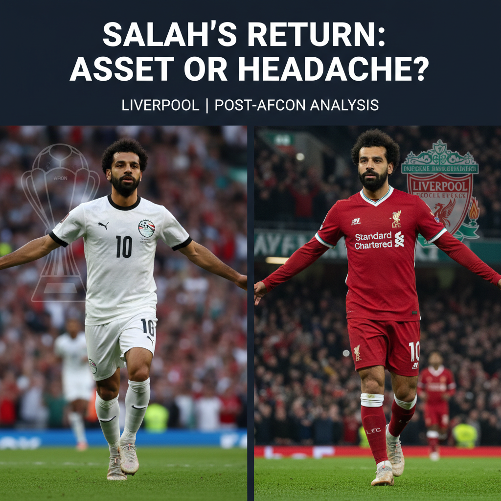 Split-screen of Mohamed Salah in Egypt and Liverpool kits, representing his transition back to club football.