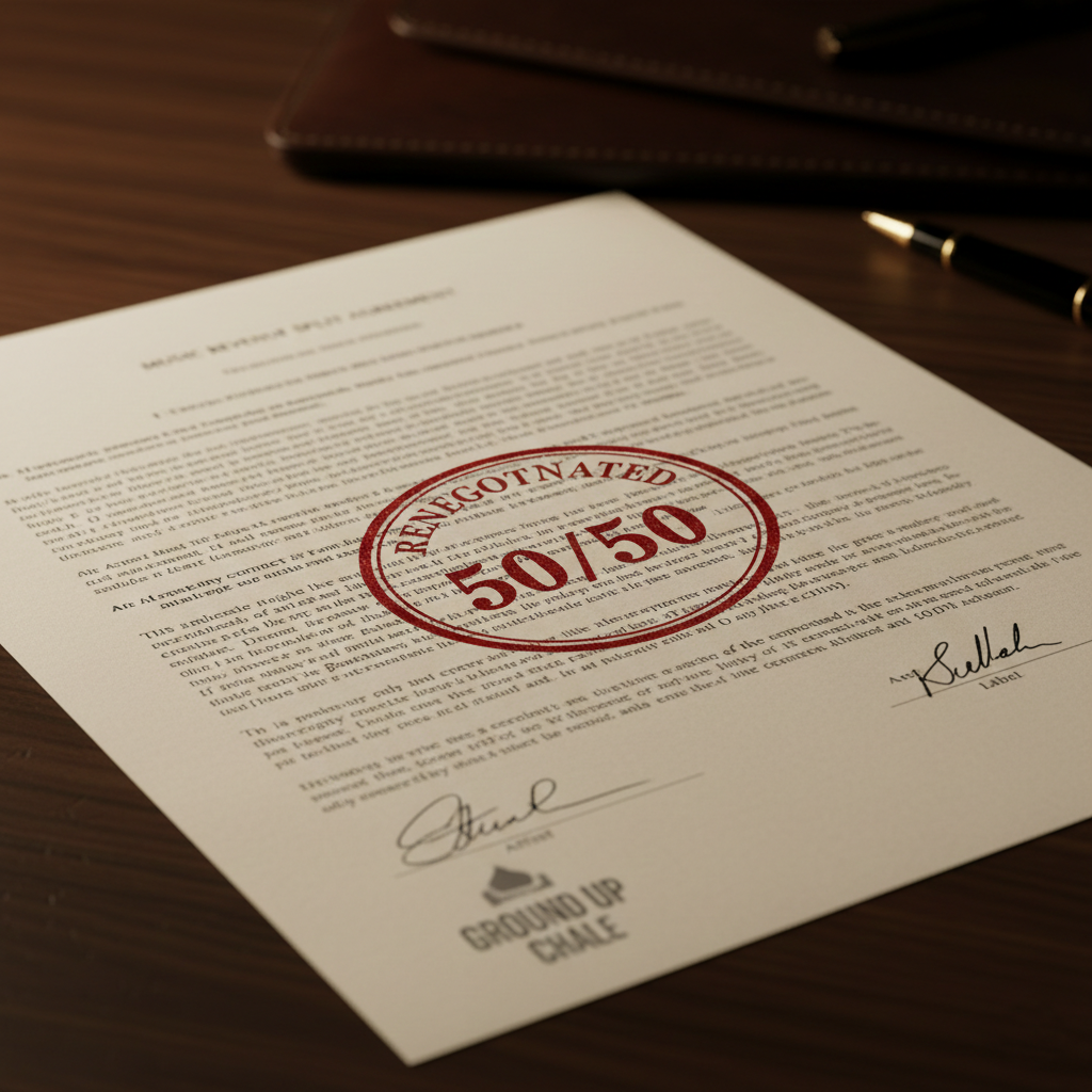 Symbol of a 5050 revenue split contract in the music industry.