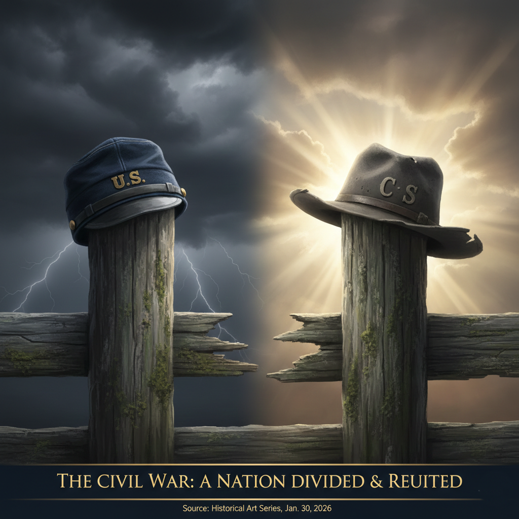 Symbolic imagery of the American Civil War representing a divided and reunited nation.