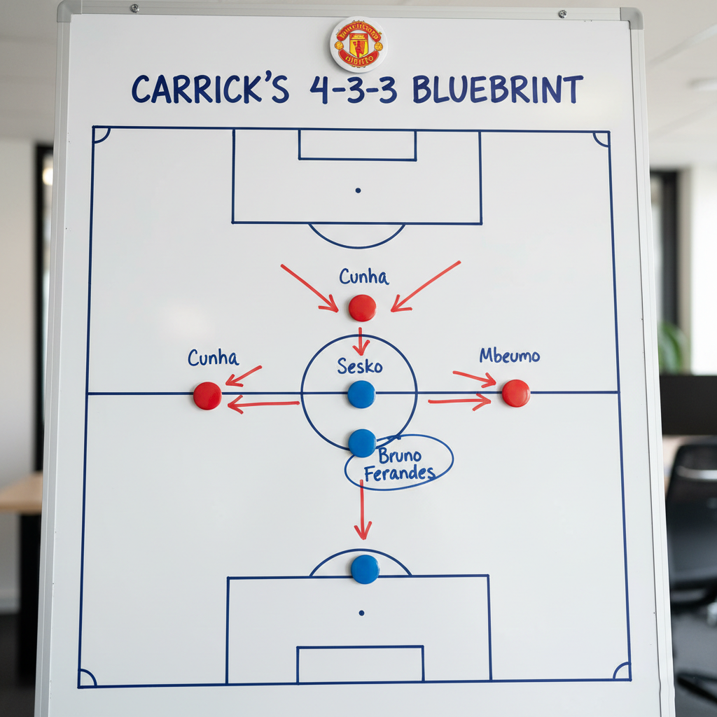Tactical 4-3-3 formation diagram showing the expected setup for Michael Carrick's Manchester United.