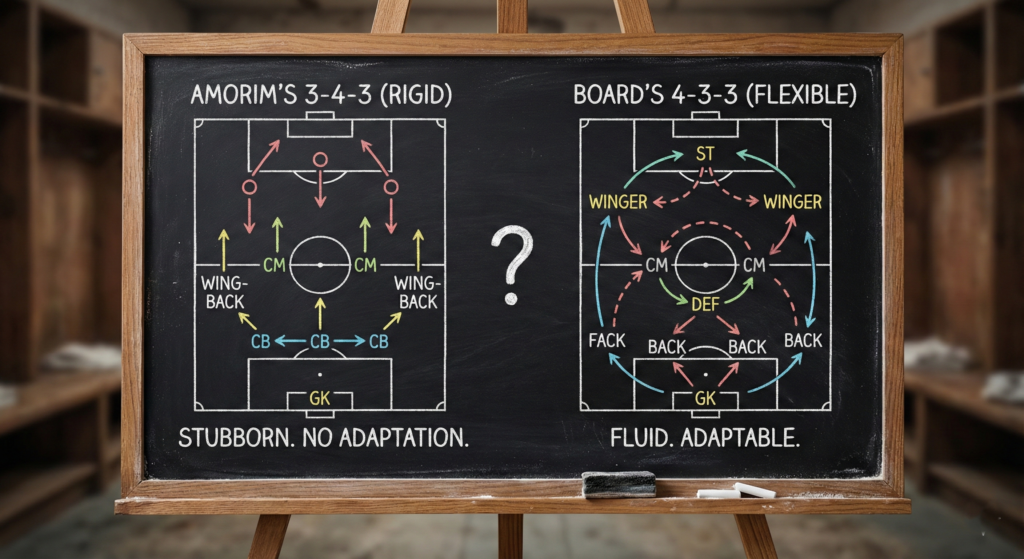 Tactical diagram showing the 3-4-3 vs 4-3-3 formation debate.