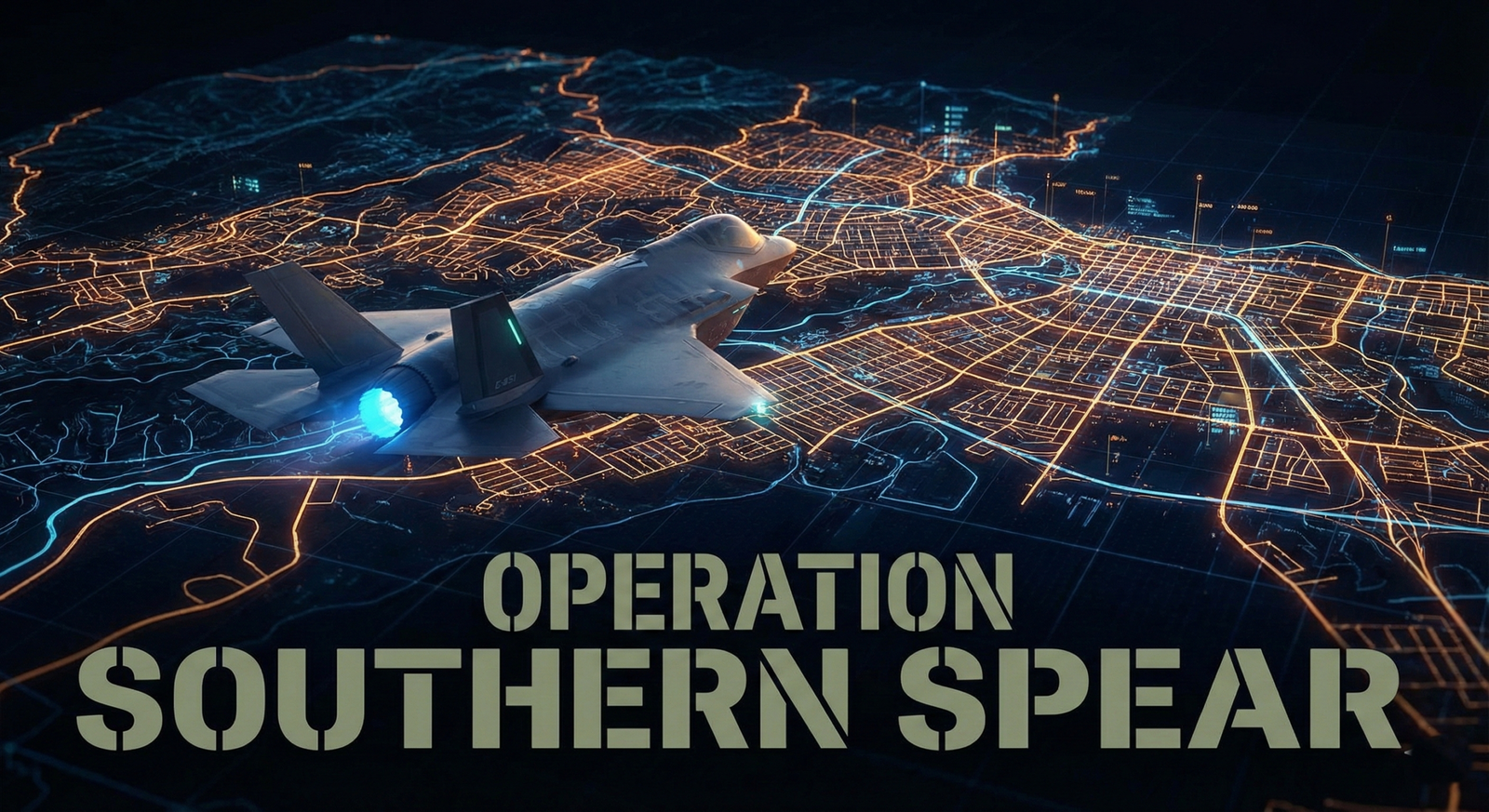 Tactical illustration of F-35 jets over Caracas during Operation Southern Spear.