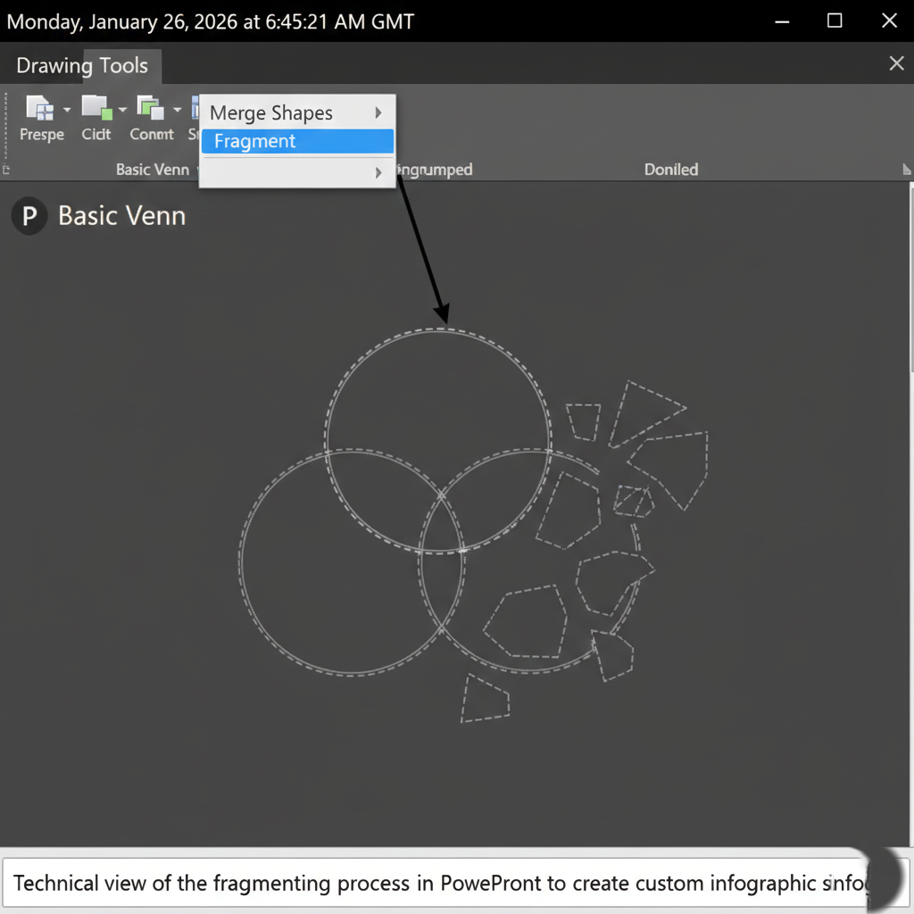 Technical view of the fragmenting process in PowerPoint to create custom infographic shapes.