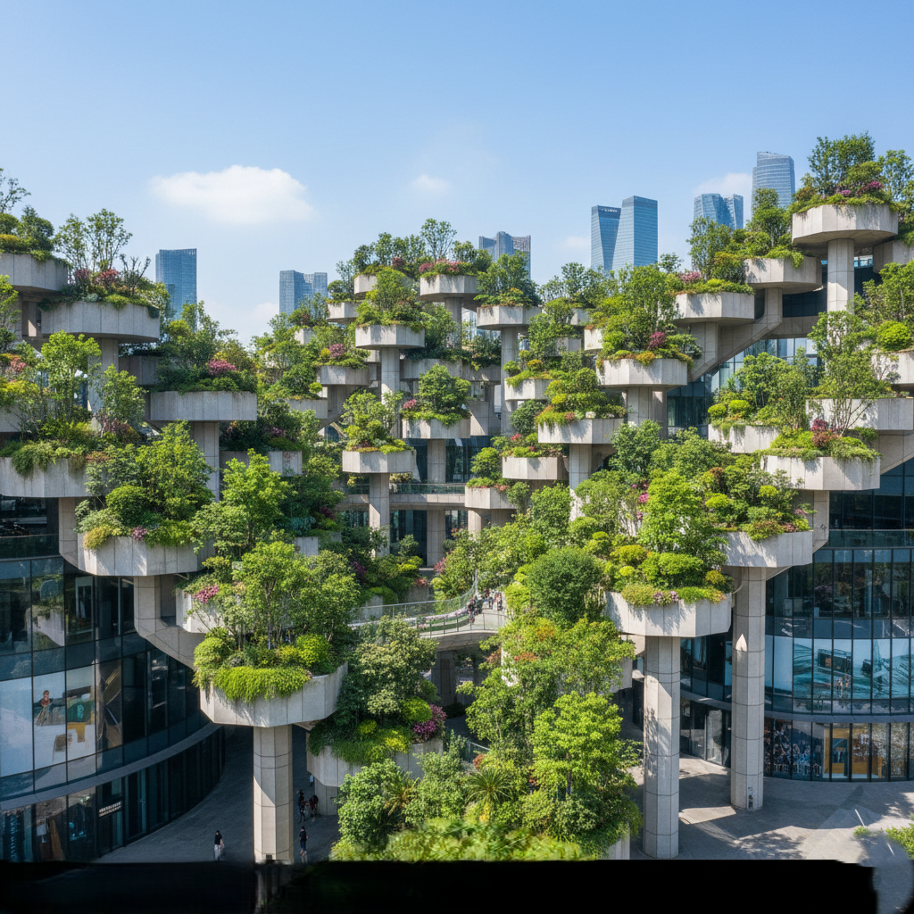 The 1,000 Trees building in Shanghai, showcasing urban greenery and sustainable architecture.