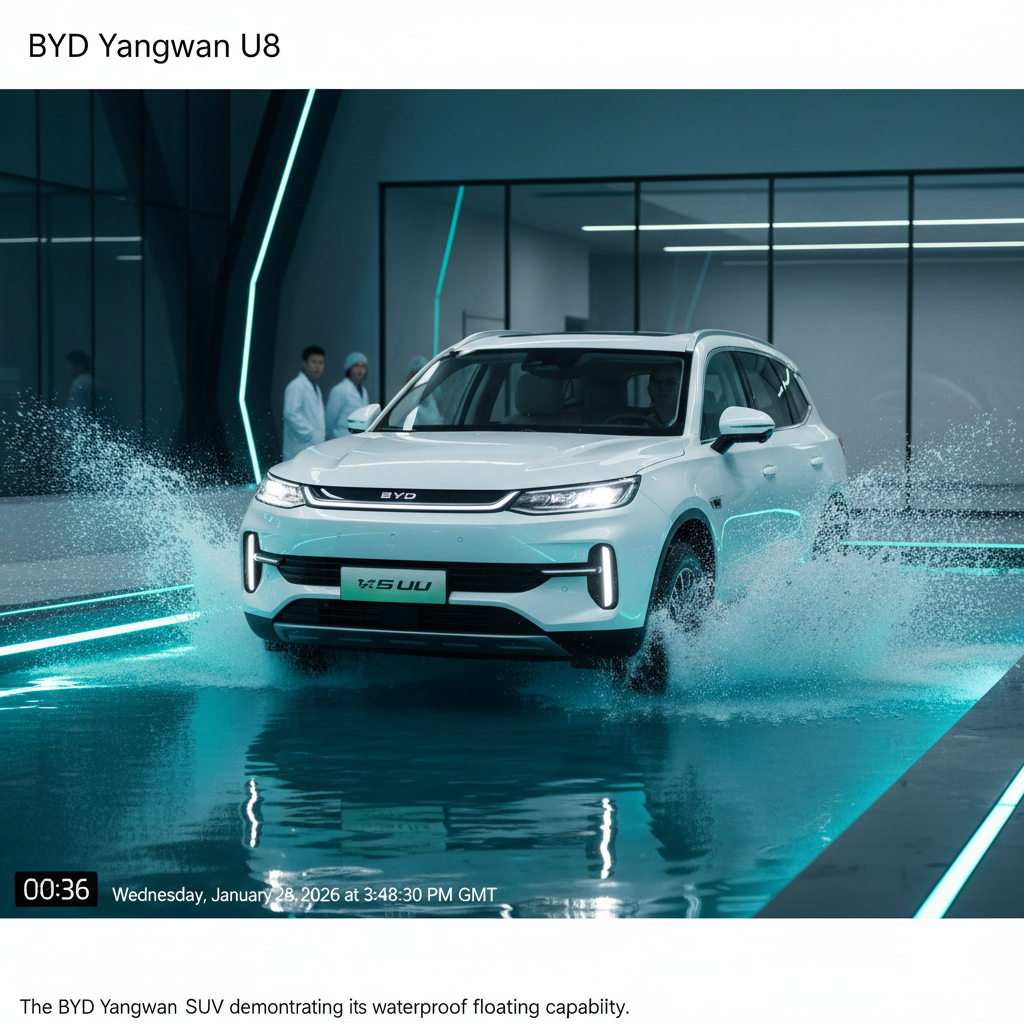 The BYD Yangwang U8 electric SUV demonstrating its waterproof floating capability.