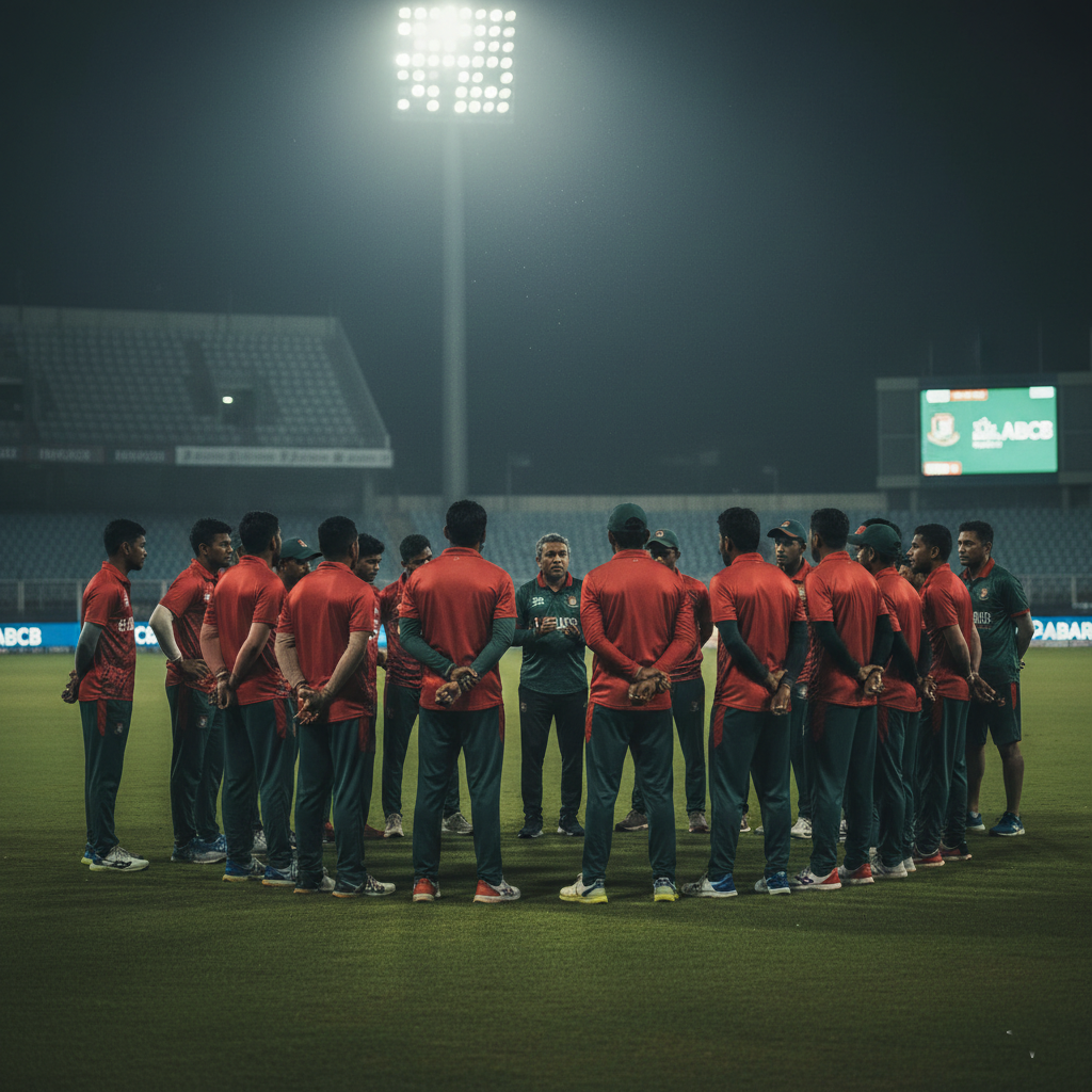 The Bangladesh cricket team during a team meeting amidst administrative board changes.