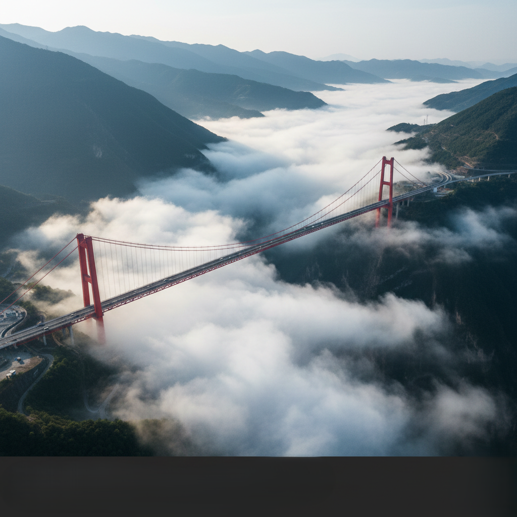 The Duge Bridge in China, suspended high above a misty mountain canyon.