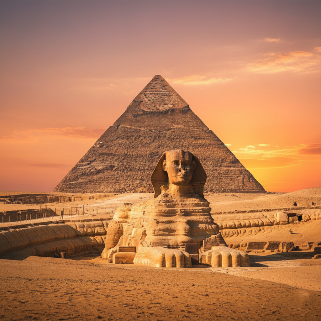 The Great Pyramid of Giza and the Sphinx in Egypt.