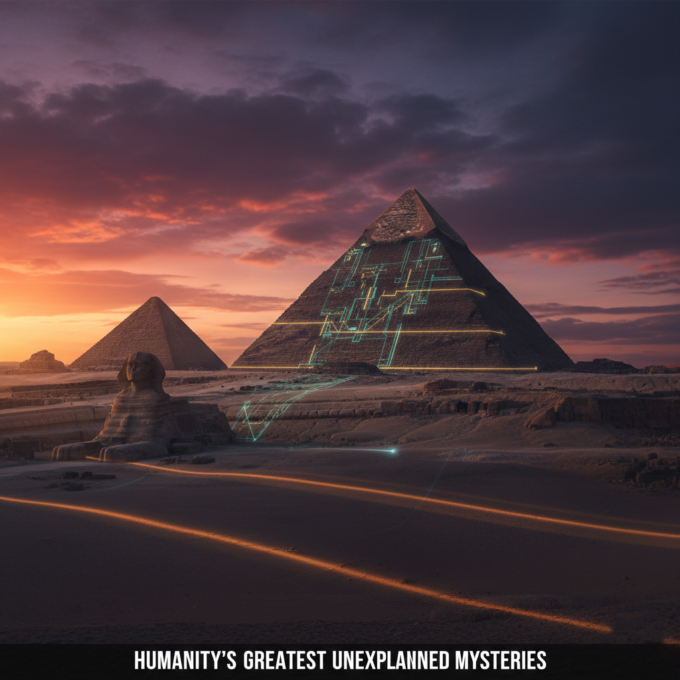 The Great Pyramid of Khufu at sunset with digital architectural overlays.