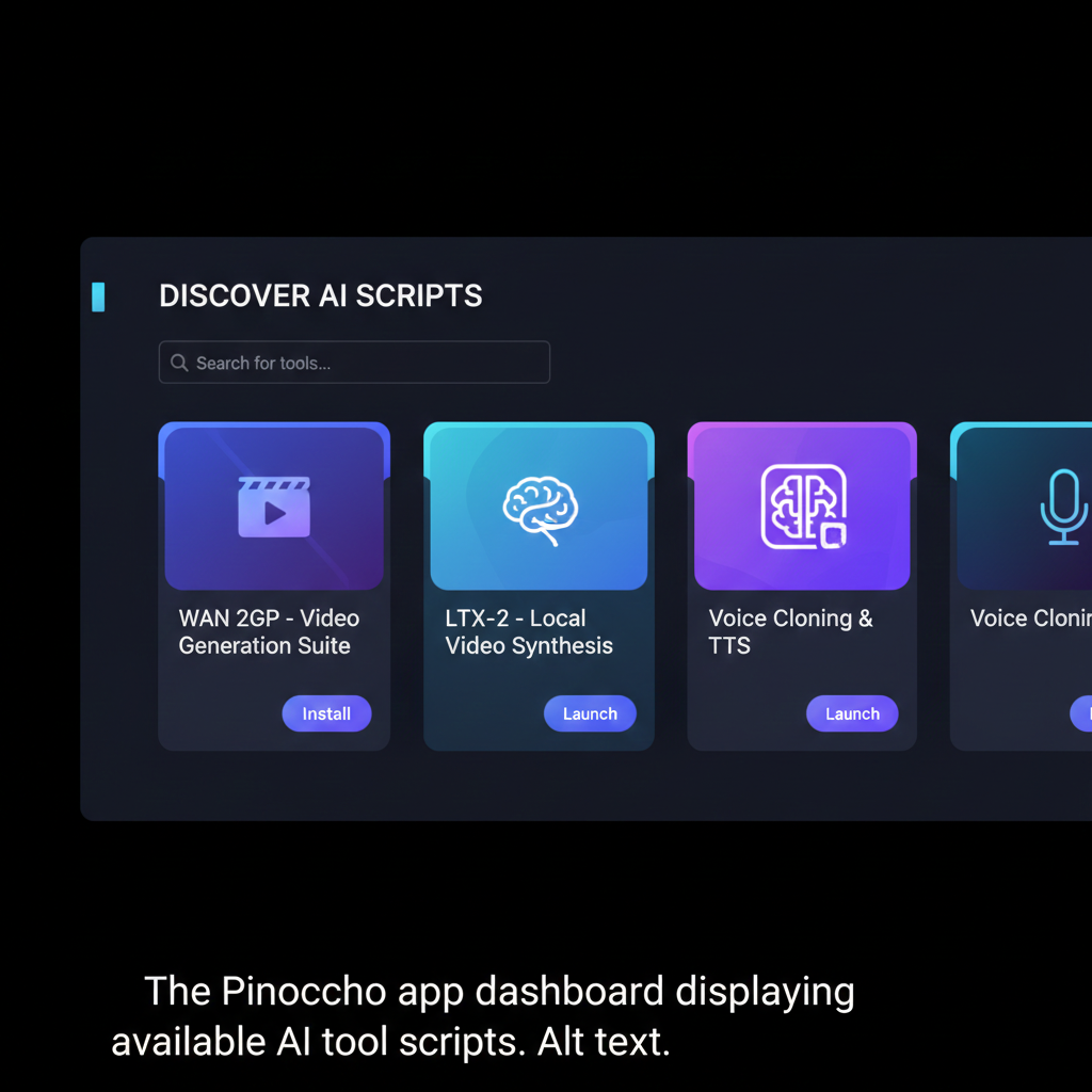 The Pinocchio app dashboard displaying available AI tool scripts.