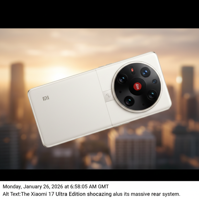 The Xiaomi 17 Ultra Leica Edition smartphone showcasing its massive rear camera system.