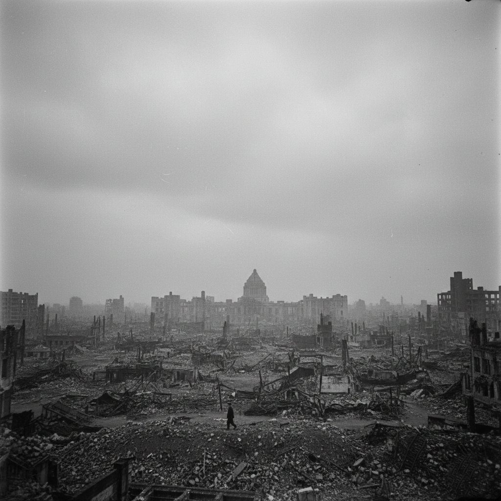 The devastated landscape of Tokyo after the 1945 firebombing raids.