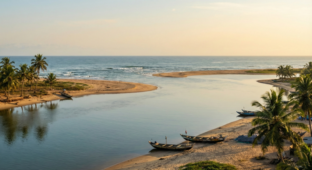 The estuary of the River Volta in Ada, Ghana, meeting the Atlantic Ocean.