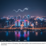 The futuristic skyline of Chongqing, China, featuring the Raffles City horizontal skyscraper and a drone show.