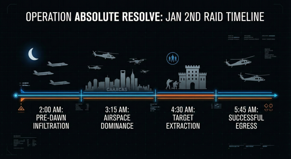 Timeline of the U.S. military raid on Nicolás Maduro's compound.