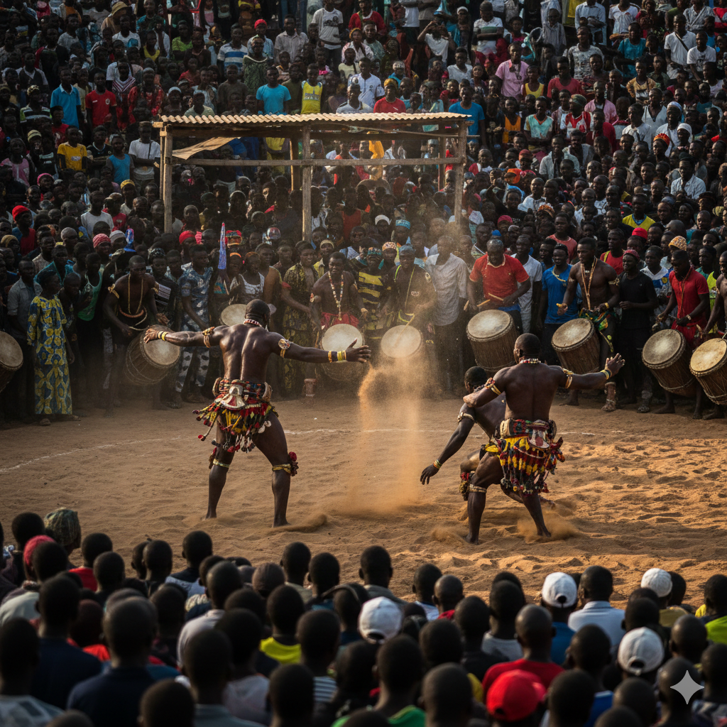 Traditional Senegalese wrestling, or Laamb, in a sandy arena in Dakar.