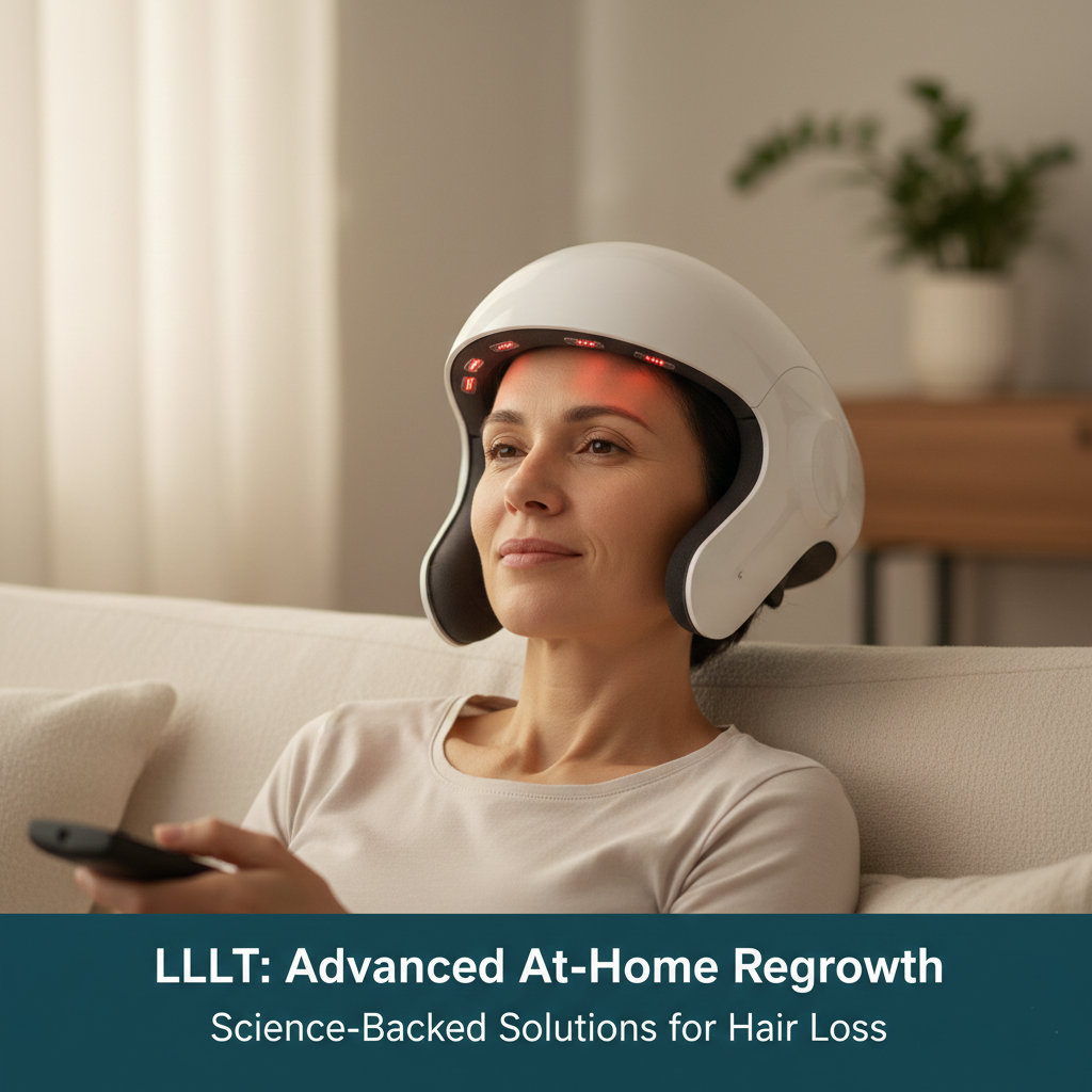 Using a low-level laser therapy helmet for at-home hair regrowth.