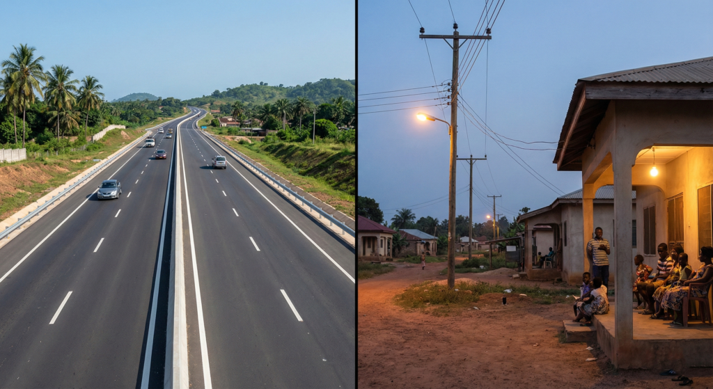 Visual representation of Ghana’s infrastructure development, including road rehabilitation and rural electrification.