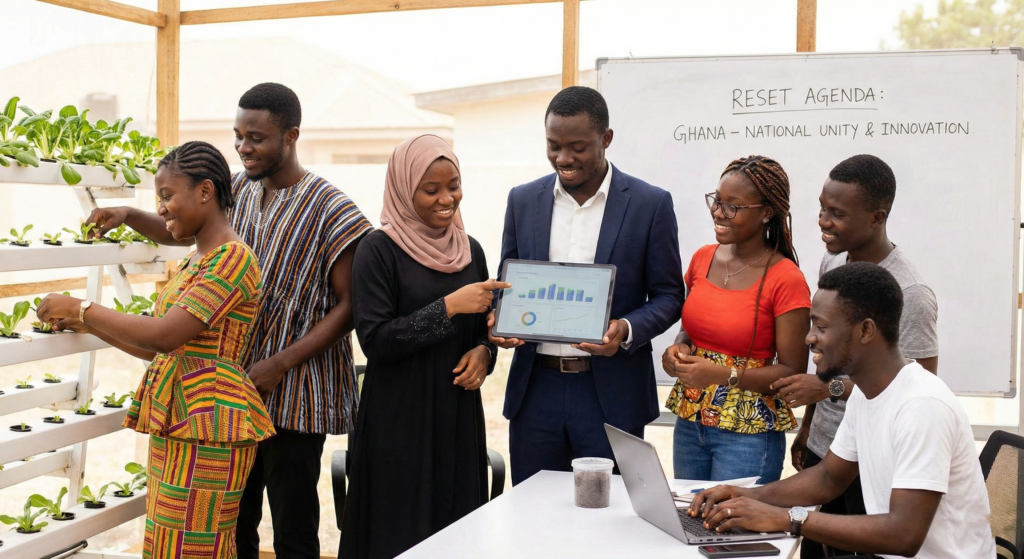 Young Ghanaians collaborating on national development as part of the 2026 Reset Agenda.