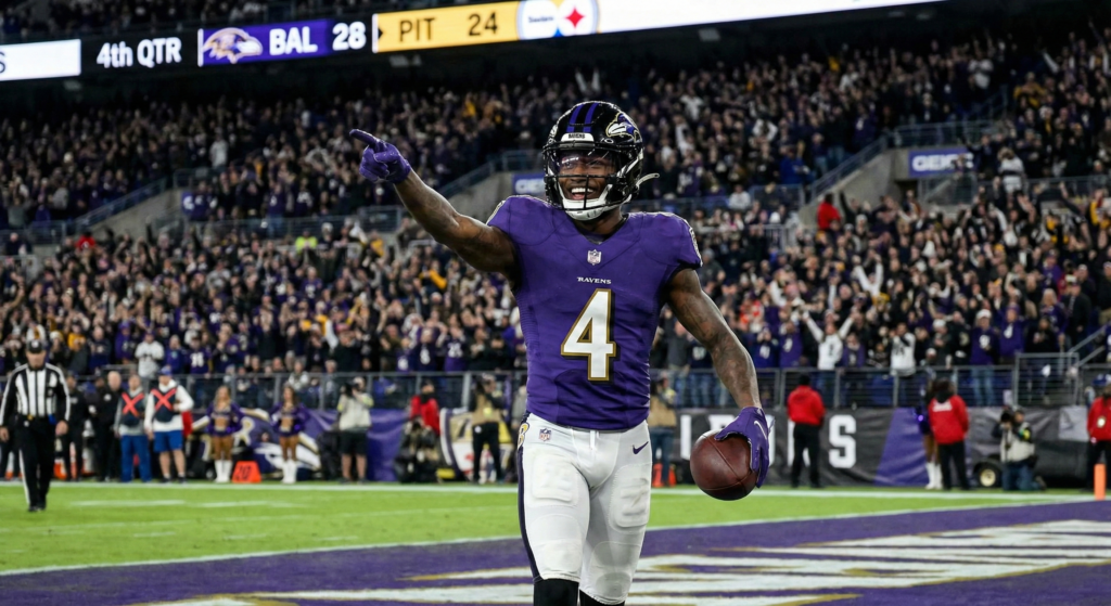 Zay Flowers celebrating one of his two touchdowns in the Week 18 thriller.