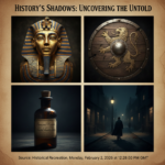 A collage of historical artifacts representing the mysteries and dark truths of history.