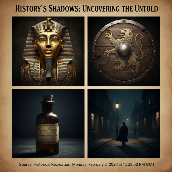 A collage of historical artifacts representing the mysteries and dark truths of history.