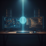 A futuristic AI-powered workspace with digital dashboards in cinematic lighting.