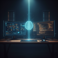 A futuristic AI-powered workspace with digital dashboards in cinematic lighting.