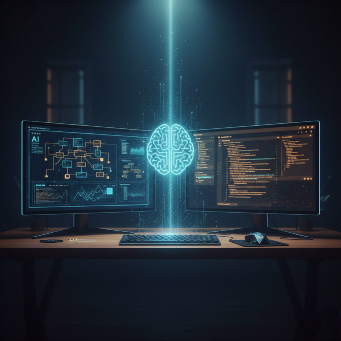 A futuristic AI-powered workspace with digital dashboards in cinematic lighting.