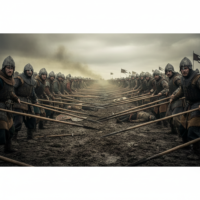 A gritty depiction of a medieval battlefield just before the lines collide.