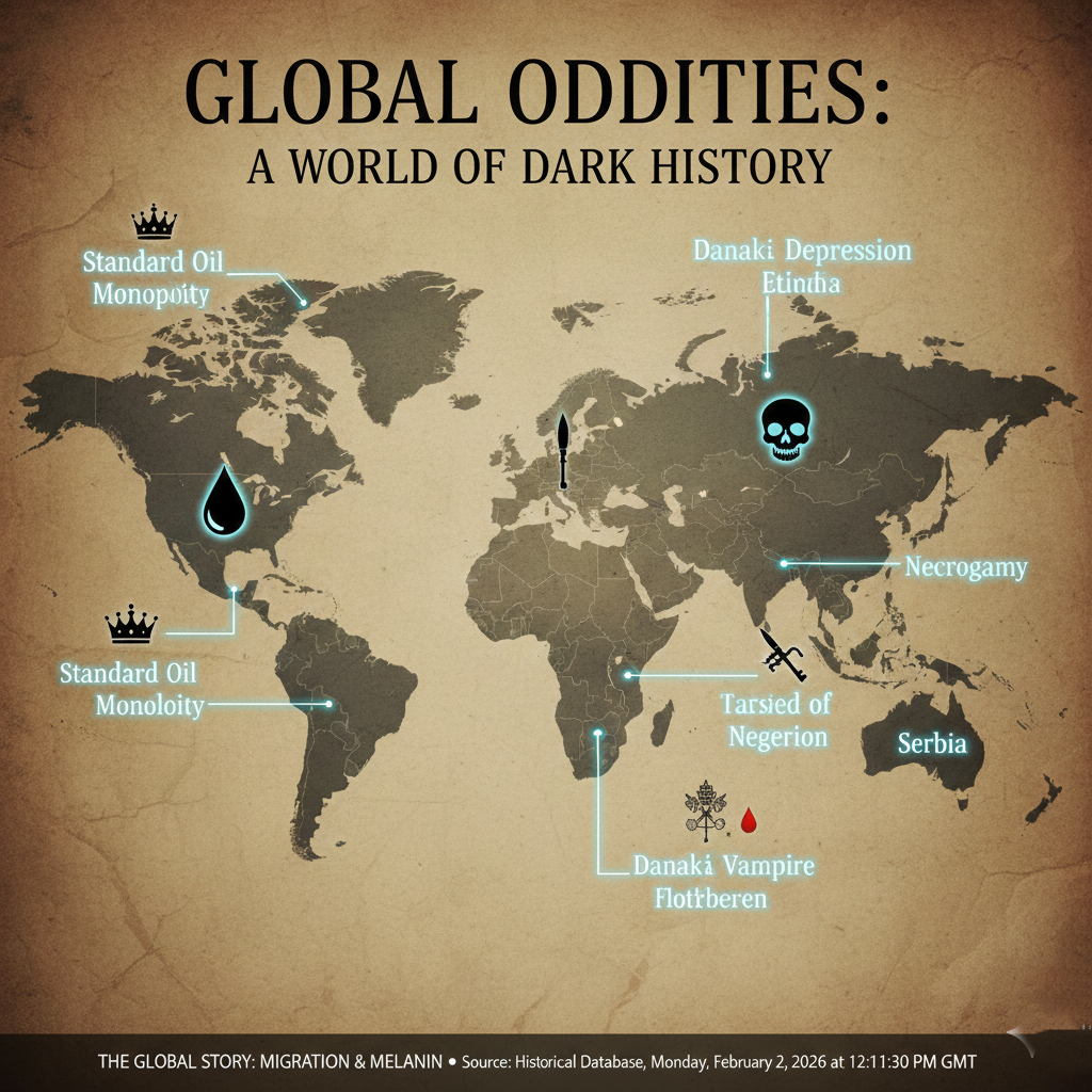 A map of the world highlighting various dark and bizarre historical facts.