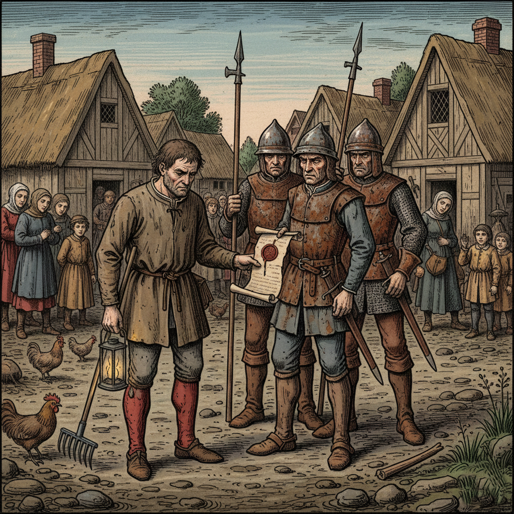 A medieval peasant being conscripted into military service by a lord's bailiff.