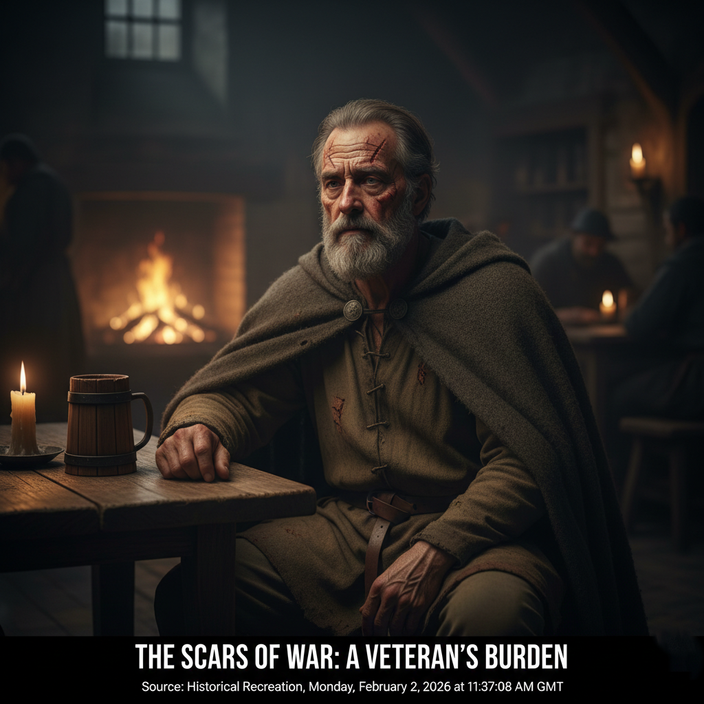 A scarred medieval veteran reflecting on the trauma of past battles.