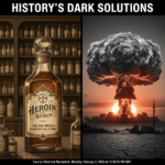 A vintage heroin syrup bottle contrasted with a nuclear mushroom cloud.